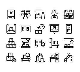 20 set of outline web mass producction icons such as engineer, blueprint, package, package, conveyor vector thin icons for report, presentation, diagram, web design, mobile app