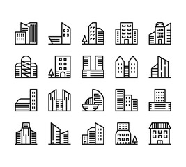Fototapeta premium 20 set of outline web building architecture icons such as office block, skycraper, office block, skycraper, apartment vector thin icons for report, presentation, diagram, web design, mobile app