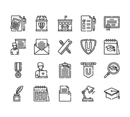 20 set of outline web university icons such as podium, presentation, medal, ink bottle, folder vector thin icons for report, presentation, diagram, web design, mobile app