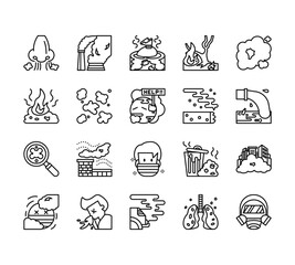 20 set of outline web pollution icons such as factory, ash, dust, sun, car vector thin icons for report, presentation, diagram, web design, mobile app