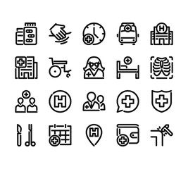 20 set of outline web hospital icons such as massage, hospital, user, surgery, pin vector thin icons for report, presentation, diagram, web design, mobile app