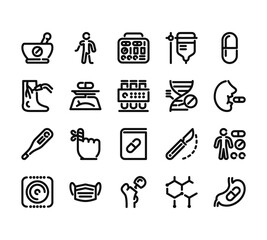 20 set of outline web medicines icons such as orthopedic, laser, thermometer, condom, implant vector thin icons for report, presentation, diagram, web design, mobile app
