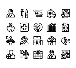 20 set of outline web hospital icons such as vaccine, tooth, reception, patient, hospital vector thin icons for report, presentation, diagram, web design, mobile app