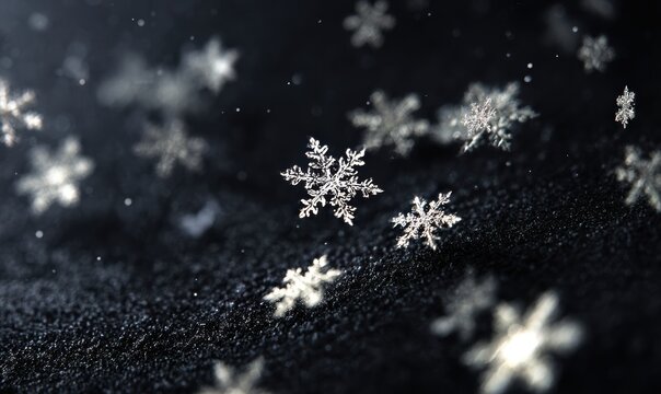 A close up of snowflakes on a black background