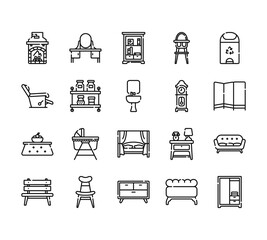 20 set of outline web furnitures icons such as dressing table, recliner, kotatsu, bench, drawer vector thin icons for report, presentation, diagram, web design, mobile app