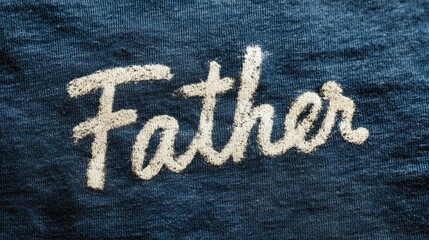 The word "Father" is written in white chalk on a dark blue, textured fabric, creating a simple and heartfelt message.