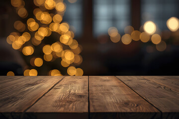 Empty table top with blur christmas lights background.