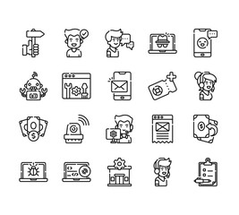 20 set of outline web support icons such as solved, robot, pricing, bug, service center vector thin icons for report, presentation, diagram, web design, mobile app