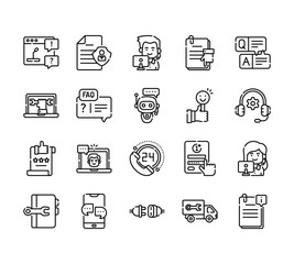 20 set of outline web support icons such as privacy policy, repair, rating, manual book, connect vector thin icons for report, presentation, diagram, web design, mobile app