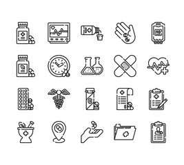 20 set of outline web phary icons such as heart rate, herbal, drugs, herbal, drugs vector thin icons for report, presentation, diagram, web design, mobile app