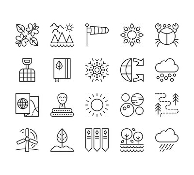 20 set of outline web geography icons such as mountains, shovel, map, eolic energy, environment vector thin icons for report, presentation, diagram, web design, mobile app