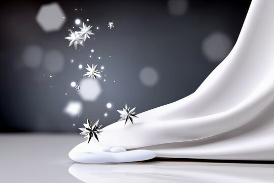 A close-up shot of flowing white fabric with delicate snowflakes falling around it, set against a dark, bokeh-lit background.
