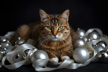 Cat Laying in Silver Christmas Ornaments.