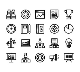 20 set of outline web strategy and management icons such as graphic, clock, balance, presentation, gear vector thin icons for report, presentation, diagram, web design, mobile app