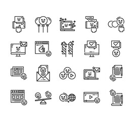 20 set of outline web happiness icons such as balloon, computer, news, website, share vector thin icons for report, presentation, diagram, web design, mobile app