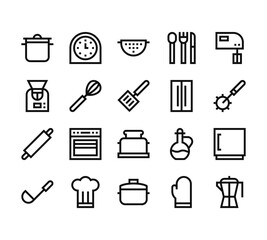 20 set of outline web cooking icons such as kitchen timer,  , rolling pin, ladle, pot vector thin icons for report, presentation, diagram, web design, mobile app