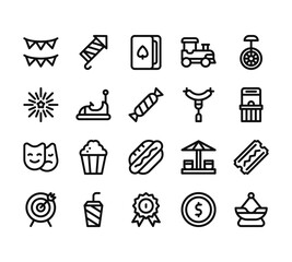 20 set of outline web fair icons such as fireworks, fireworks, theater, dart, reward vector thin icons for report, presentation, diagram, web design, mobile app