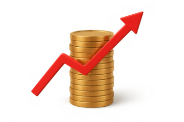 Stack of gold coins and red arrow indicating upward financial growth, investment, and increasing profits