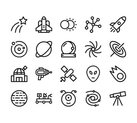 20 set of outline web space icons such as spaceship, solar system, observatory, jupiter, alien vector thin icons for report, presentation, diagram, web design, mobile app