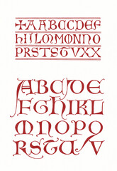 Hand-drawn alphabet created with ink and pen. Decorative red lettering in artistic calligraphic style on white background.