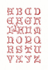 Hand-drawn alphabet created with ink and pen. Decorative red lettering in artistic calligraphic style on white background.