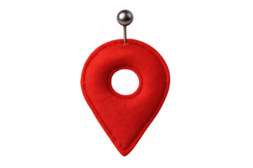 Red felt location pin hanging from a thumbtack, illustrating navigation, travel, destination, and finding a place, transparent background