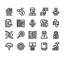 20 set of outline web crowdfunding icons such as network, research, bionic eye, thinking, presentation vector thin icons for report, presentation, diagram, web design, mobile app
