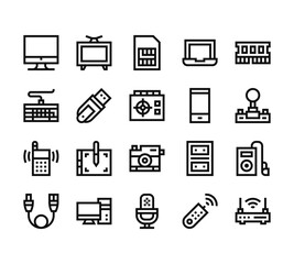 20 set of outline web hardware icons such as tv, keyboard, cellular, usb, microphone vector thin icons for report, presentation, diagram, web design, mobile app