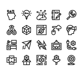 20 set of outline web design thinking icons such as key, observation, workspace, puzzle, maze vector thin icons for report, presentation, diagram, web design, mobile app