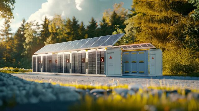 Solar panels on battery storage facility in forest, sunlight highlighting greenery