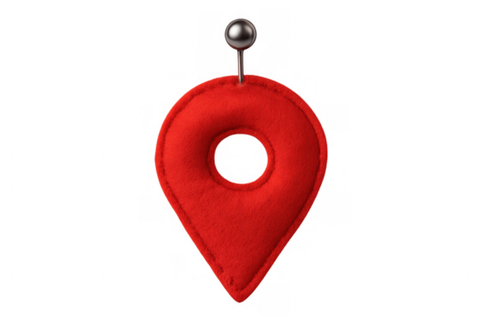 Red felt location pin hanging from a thumbtack, illustrating navigation, travel, destination, and finding a place, transparent background