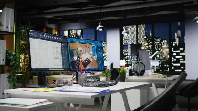 Empty design office with modern desk showcasing blueprint drafting and 3D modeling software on screen. Digital workspace emphasizes creative visualization in a professional environment.
