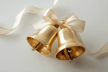 Gold christmas bells. A pair of christmas decorations. Gold bells with ribbon