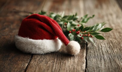 A red santa hat is sitting on a wooden table
