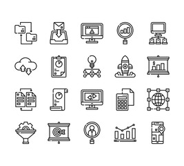 20 set of outline web analytics icons such as download, cloud, documents, funnel, search vector thin icons for report, presentation, diagram, web design, mobile app