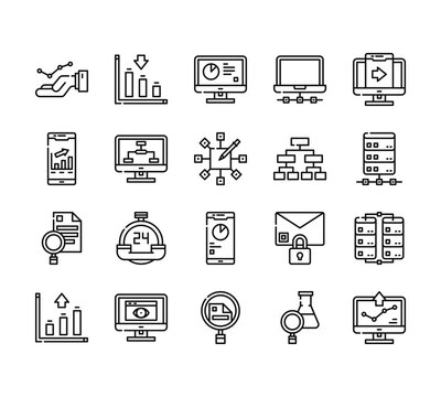 20 set of outline web analytics icons such as analytics, analytics, search, search vector thin icons for report, presentation, diagram, web design, mobile app