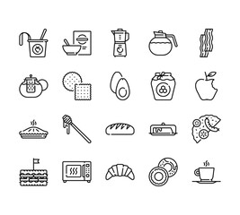 20 set of outline web breakfast icons such as cereal, teapot, pie, sandwich, croissant vector thin icons for report, presentation, diagram, web design, mobile app