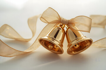 Gold christmas bells. A pair of christmas decorations. Gold bells with ribbon