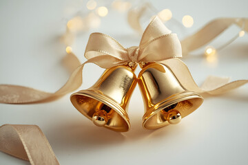 Gold christmas bells. A pair of christmas decorations. Gold bells with ribbon