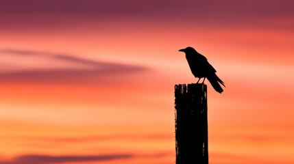 Crow silhouette sitting on wooden post at sunset