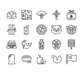 20 set of outline web china icons such as silk, bamboo, building, shirt, tea vector thin icons for report, presentation, diagram, web design, mobile app
