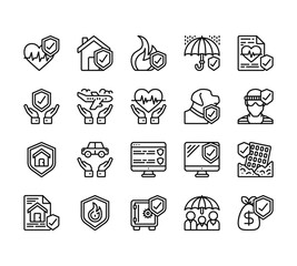 20 set of outline web insurance icons such as home insurance, life insurance, life home safebox vector thin icons for report, presentation, diagram, web design, mobile app