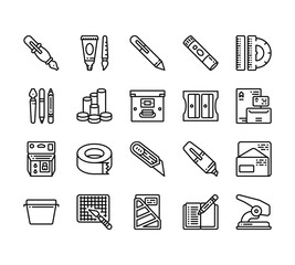 20 set of outline web stationery icons such as paint tube, pencil, ink cartridge, box, folder vector thin icons for report, presentation, diagram, web design, mobile app