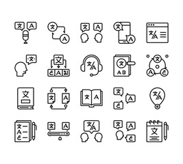 20 set of outline web translator icons such as translation, translator, dictionary, form, translator vector thin icons for report, presentation, diagram, web design, mobile app