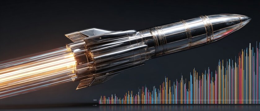 Streamlined missile design emphasizes futuristic high-speed capability. Profit projection. High-speed missile design in gleaming metallic sheen. Revenue forecast. Financial planning.