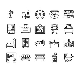 20 set of outline web furnitures icons such as vase, wardrobe, bed, curtains, bench vector thin icons for report, presentation, diagram, web design, mobile app
