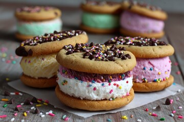A closeup of cookie ice cream sandwiches topped with sprinkles and chocolate chips