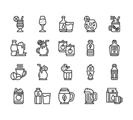 20 set of outline web beverage icons such as champagne,  , coffee, beer, tea vector thin icons for report, presentation, diagram, web design, mobile app