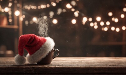 A cup of coffee with a red santa hat on top of it
