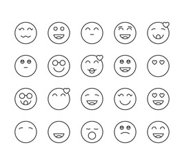 20 set of outline web emoji icons such as happy, shy, geek, happy, yawn vector thin icons for report, presentation, diagram, web design, mobile app